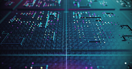 Close Up High Tech Circuit Board. Futuristic Technology. Artificial Intelligence. Computer And Technology Related 3D Illustration Render