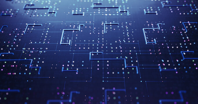 CPU Circuit Technology Background. Data Signals Flowing. Artificial Intelligence. Computer And Technology Related 3D Illustration Render