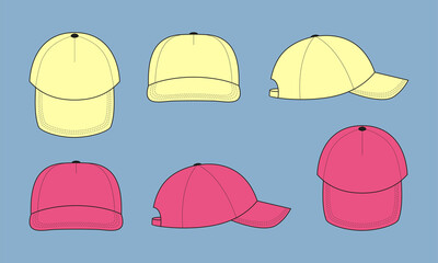 Blank baseball cap template for design. Face and side for logo, print. Mix the colors yellow, pink, red, beige. Vector illustration.