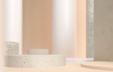Luxury stone podium, stand, platform. Mockup for promotion presentation. Relaxation therapy, spa cosmetics advertisement. Architectural beige composition of round stone. 3d render illustration.