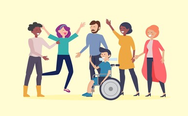 Fototapeta premium Disability day poster. Happy disabled man in wheelchair and friends. Equal opportunities and social adaptation for special needs people vector. Illustration disabled in wheelchair, handicapped man