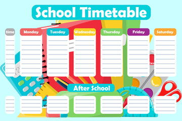 Class schedule, school schedule.Office supplies. School supplies on a blue background.Timetable. Lesson plan.