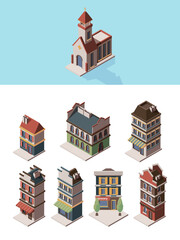 Historic buildings. Old vintage 3d houses and retro construction objects vector isometric collection. Illustration historic old vintage 3d facade, residential block living