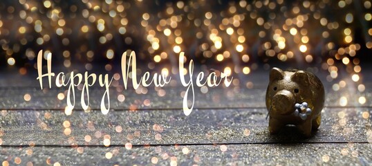 Christmas New Year background banner with golden lucky pig and bokeh lights - Happy New Year -...