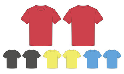 Template clean men t-shirt for design. Mix the colors red, black, gray, yellow, blue. Vector illustration, front and back view.