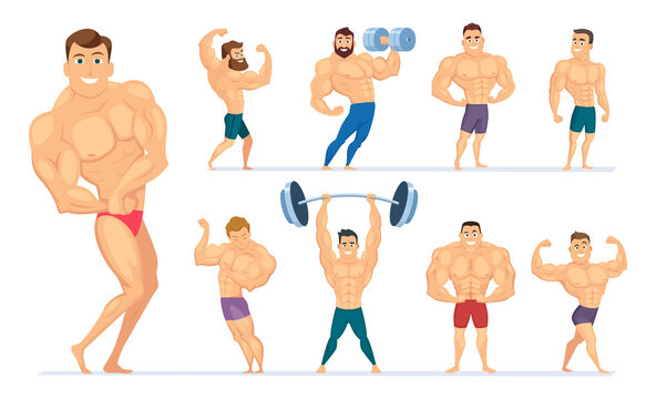Muscular man. Gym characters sport people making exercises bodybuilders posing muscular athletes. Vector body fitness, healthy pose bodybuilding illustration