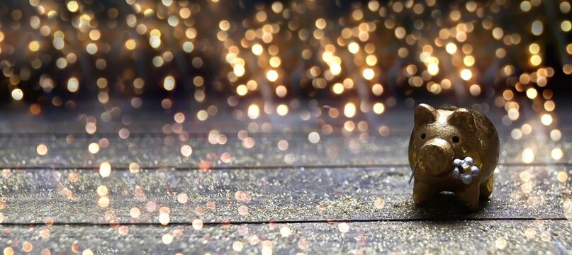 Christmas New Year background banner with golden lucky pig and bokeh lights - Happy New Year