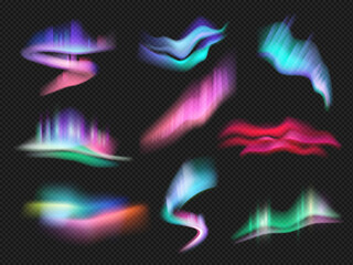 Northern light effects. Beauty weather space gradient in sky lighting night aurora vector set. North light bright gradient, polar night illustration