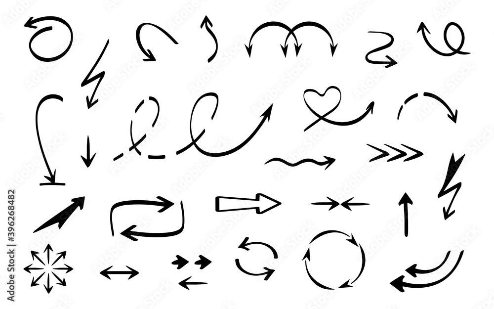 Poster hand drawn doodle arrows. isolated black scribble cursor or pointer vector set. arrow scribble sketc