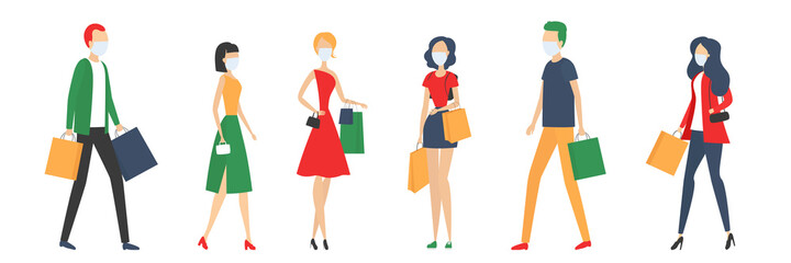 People in masks with shopping bags. Cartoon. Vector illustration.