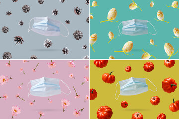 Collage from new normal seasons. One year of coronovirus pandemic crisis. Winter, autumn, summer,...