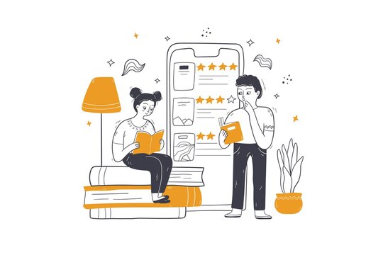 Online education, elearning, remote knowledge concept. Man woman teens students cartoon characters studying remotely at home reading book in digital ibrary with Smartphone. Mobile study illustration.