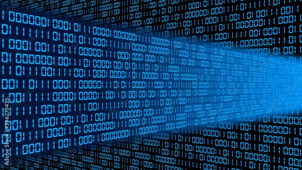 Poster digital data streams flow into each other - series of binary code in blue color - abstract 3d illust