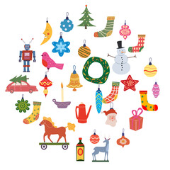 Set Christmas Retro Toys balls decorative elements. Xmas collection vintage elements baubles, toys, gift boxes, garlands, xmas trees. Vector illustration accessories for poster