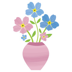 Vase of Forget-Me-Not floral isolated illustration. Painterly watercolor shading effect pink blue mysotis flowers in beautiful containers. Hand drawn botanical design for spring or summer concept