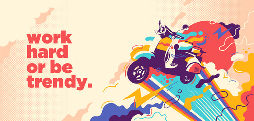 Abstract lifestyle graffiti design with retro moped and slogan. Vector illustration.