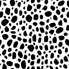 Dalmatian spot print. Vector seamless pattern with dog spots. Black abstract shapes on white background