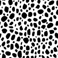 Dalmatian spot print. Vector seamless pattern with dog spots. Black abstract shapes on white background