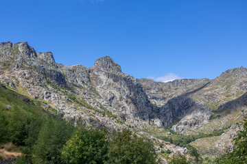 View from the top of the mountains of the Serra da Estrela natural park, Star Mountain Range, glacier valley and mountain landscape
