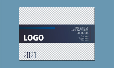 Template for design, vector illustration, for customer photo. Business calendar 2026 cover, price, catalog. Colors: blue, white, gray, black 06.