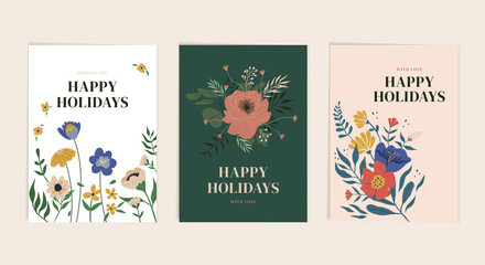 Fototapeta premium Botanical Happy Holiday greeting card templates. Hand drawn design with flower, branches, floral frame. Vector illustration. Set of backgrounds, banners, posters, holiday covers. Festive composition