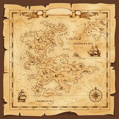 Fototapeta na wymiar Old map, vector worn parchment with caribbean and southern sea, ships, islands and land, wind rose and cardinal points. Fantasy world, vintage grunge paper pirate map with travel locations and monster