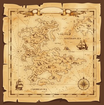 Old map, vector worn parchment with caribbean and southern sea, ships, islands and land, wind rose and cardinal points. Fantasy world, vintage grunge paper pirate map with travel locations and monster