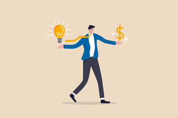 Business idea to make money, innovation and creativity to make profit investment or financial planning concept, smart businessman with lightbulb idea in his hand and money dollar sign on other hand.