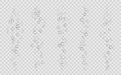 Soda bubbles, water or oxygen air fizz, vector dynamic aqua effervescent, rising up underwater fizzing, carbonated drink, mineral water elements isolated on transparent background, realistic 3d set