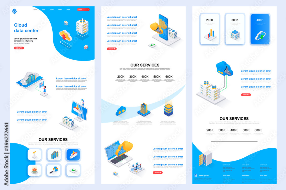 Aufkleber cloud data center isometric landing page. database storage, online computing resources corporate web