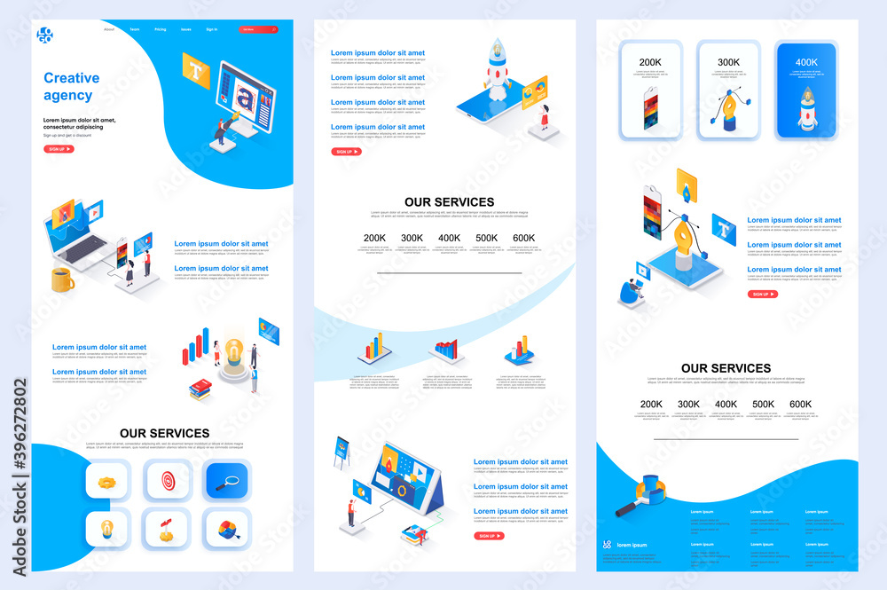 Poster creative agency isometric landing page. idea generation, design and creativity corporate website des