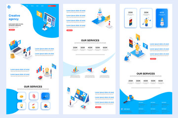 Creative agency isometric landing page. Idea generation, design and creativity corporate website design template. Web banner template with header, middle content, footer. Isometry vector illustration.