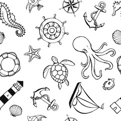 Seamless pattern with different animals and marine objects. Sea or ocean underwater life background. Concept elements. Vector illustration in hand drawn style