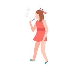 Schoolgirl blowing bubbles. Walking girl in red dress on city street. Happy little child summer leisure time, kids outdoors games, vector flat cartoon isolated character