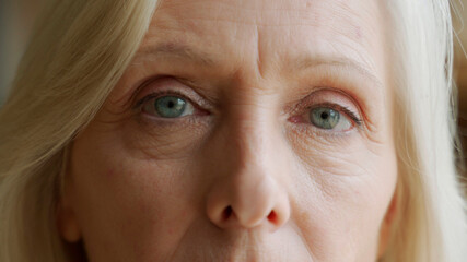 The face and eyes of the old woman. Large wrinkles on the old woman's face. Face close up