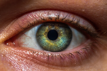 Fototapeta premium close up of human eye, green and blue eye with a bit of veins.