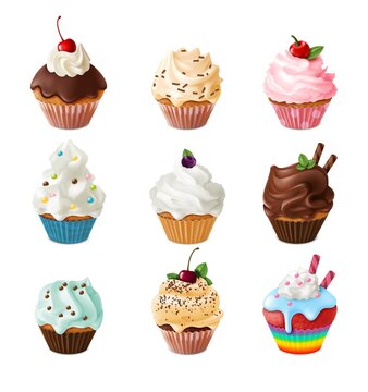 Sweet cupcakes. Realistic homemade desserts, cherry vanilla and chocolate muffins, sugar cakes with cream and berries collection, confectionery 3d colorful vector isolated set