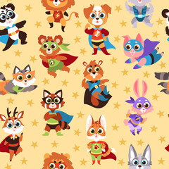 Hero animals seamless pattern. Kids superhero beasts, costume mask characters, comic superpowers creatures and stars. Creative design textile, wrapping paper, wallpaper vector texture
