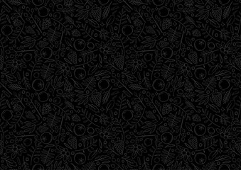 Obraz na płótnie Canvas vector of seamless monochrome line hand drawing christmas background. christmas time illustration greeting cards template with flowers and petals in black background.