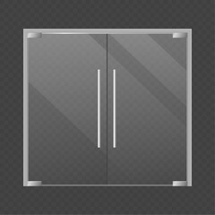 Realistic closed double glass store doors. Modern transparent supermarket, office or boutique, shop or mall front view door, market building exterior object, vector isolated illustration