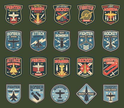 Army chevrons, vector stripes for fighter squadron, tactical, heavy and light bomber division, anti-aircraft rocket. Attack aircraft, special squad, interceptor, aviation transport army insignia icons