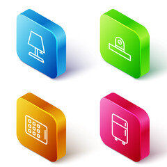 Set Isometric line Table lamp, Security camera, Graphic tablet and Refrigerator icon. Vector.