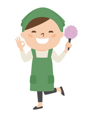 エプロンをした笑顔の女性。クリーナーを手に持ってオッケーサインを出してる女性のイラスト。