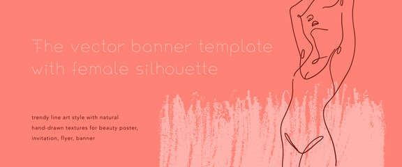 Beauty salon banner in trendy coral hue. Woman figure in line art style. Minimal beautiful female sketch on texture for label design of natural cosmetic, fashion theme. One line woman body silhouette.