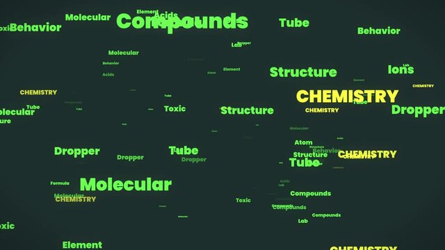 Chemistry word cloud - flying through chemistry related words - lab element atom behavior ions compounds toxic formula structure tube acids. School / University educational - Loop Animation 4K