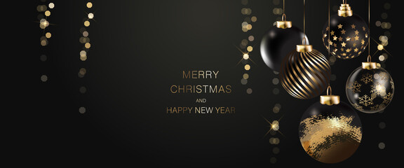 black luxury Happy season greeting and new year vector background with Christmas ball deco element 