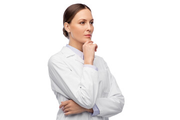 medicine, profession and healthcare concept - thinking female doctor in white coat