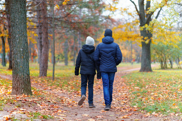 Fototapeta premium teen girl and boy walking through the park and enjoys autumn, beautiful nature with yellow leaves