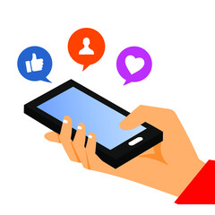 hand holding a smartphone and various icons in a bubble on it