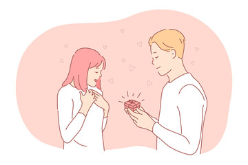 Proposal, engagement, couple togetherness concept. Young loving happy boyfriend cartoon character making proposal with ring in red box to surprised girlfriend. Couple enjoying time together 